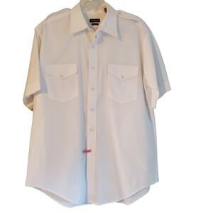 Van Heusen Aviator Shirt Mens 17 White‎ Pilot Short Sleeve Wrinkle Free Epaulets